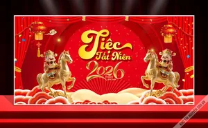Backdrop Tiệc Tất Niên 2026 Phong Cách Tết Cổ Truyền May Mắn