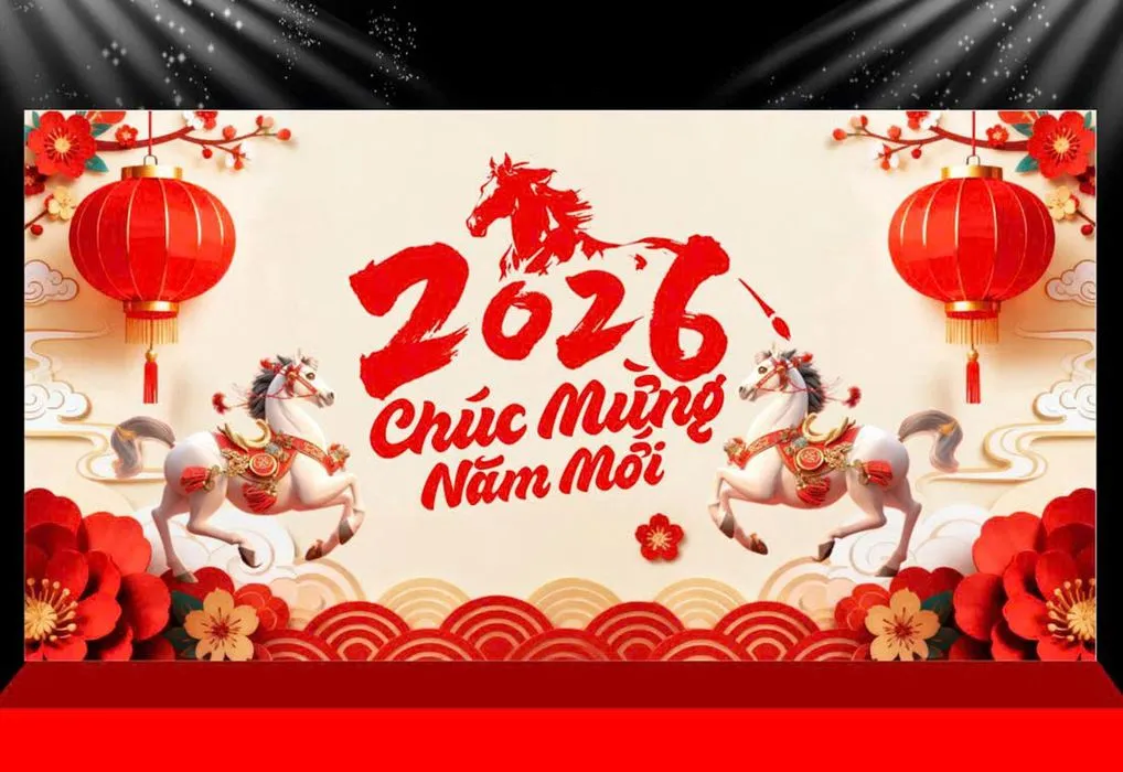 Backdrop Tết 2026 Đỏ Rực Rỡ, Phong Cách Hiện Đại (CDR)
