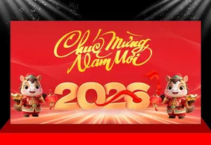 Backdrop Tết 2026 Phong Cách Hoạt Hình Dễ Thương Cho Bé