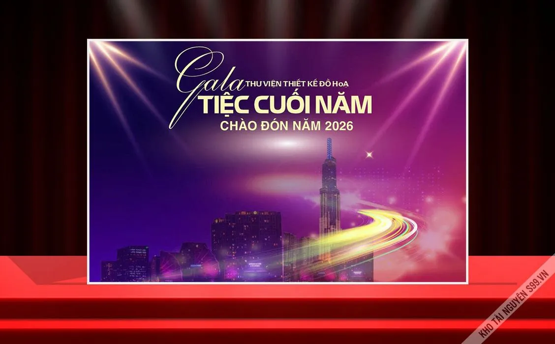 Backdrop Gala Tiệc Cuối Năm 2026 Chào Đón Năm Mới Đẹp CDR