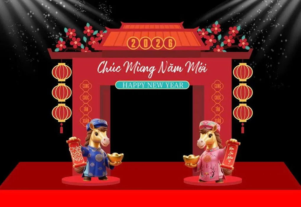 Backdrop Tết 2026 Đinh Tỵ - Cổng Chúc Mừng Năm Mới & Linh Vật Ngựa