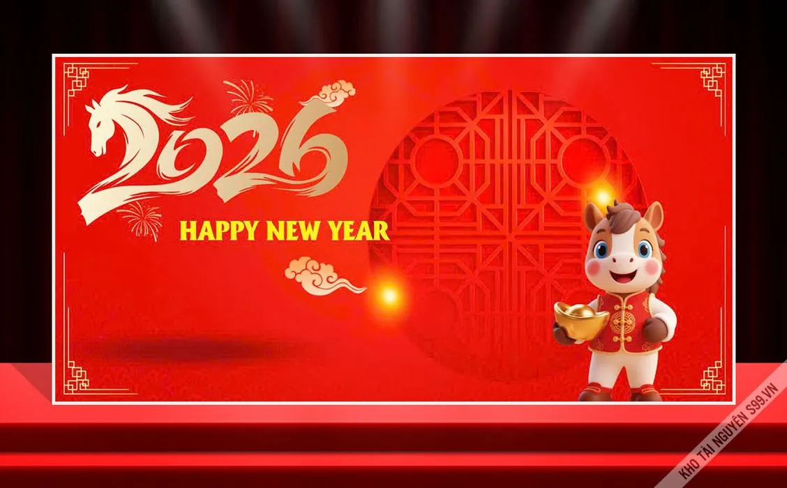 Backdrop Tết 2026 Giáp Ngọ Đỏ May Mắn - Thiết Kế Chuyên Nghiệp CDR