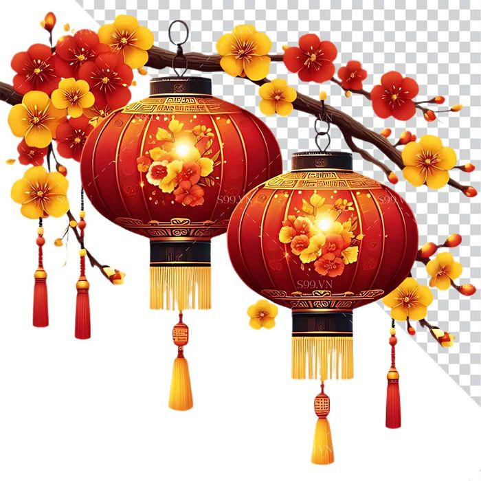 Hình ảnh đèn lồng hình tròn màu đỏ trang trí cây đào file PNG mẫu CR555