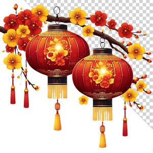 Hình ảnh đèn lồng hình tròn màu đỏ trang trí cây đào file PNG mẫu CR555