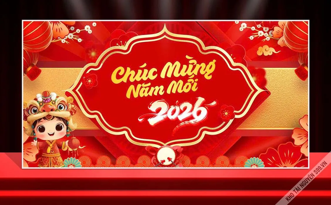 Backdrop Tết 2026 Đỏ May Mắn - Thiết Kế Đồ Họa Chất Lượng Cao