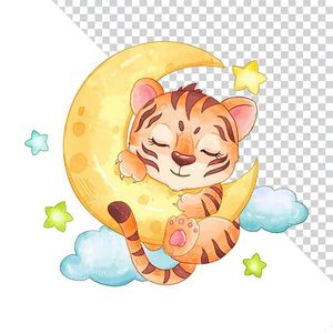 Hình ảnh chú hổ ngủ trên cung trăng file PNG mẫu CR1078
