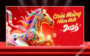 Backdrop Tết 2026 Giáp Ngọ – Thiết Kế Ngựa Vàng May Mắn Độc Đáo