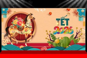 Backdrop Tết 2026 Phong Cách Mừng Xuân Giáp Ngọ, File CDR Chất Lượng Cao