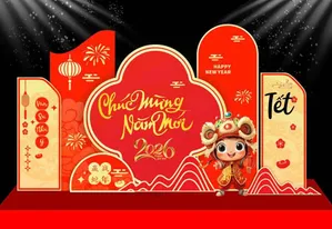 Backdrop Tết 2026 Đỏ May Mắn - Thiết Kế Chuyên Nghiệp Dễ Chỉnh Sửa
