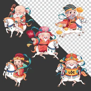 5 Vị Thần Tài Cưỡi Ngựa Hoạt Hình Dễ Thương - Hình Minh Họa PNG