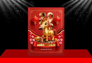 Backdrop Tết 2024 Vàng Đỏ - Linh Vật Ngựa, Đèn Lồng & Hoa Mai