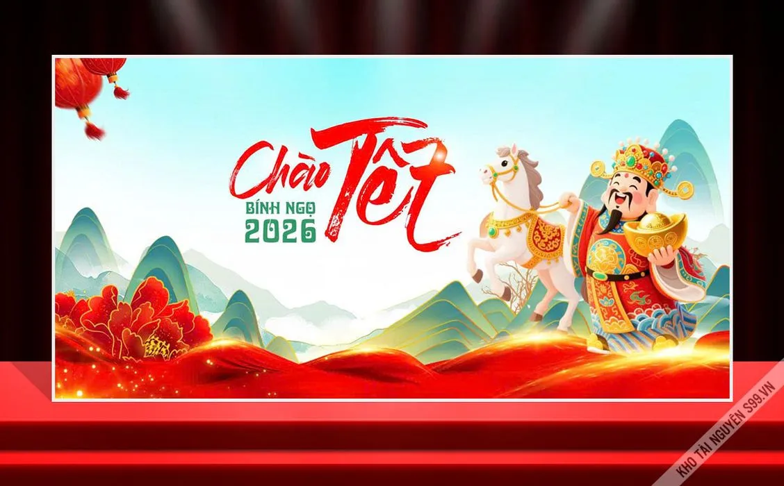 Backdrop Chào Tết Bính Ngọ 2026 - Thần Tài Cưỡi Ngựa Phú Quý