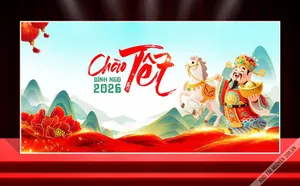 Backdrop Chào Tết Bính Ngọ 2026 - Thần Tài Cưỡi Ngựa Phú Quý