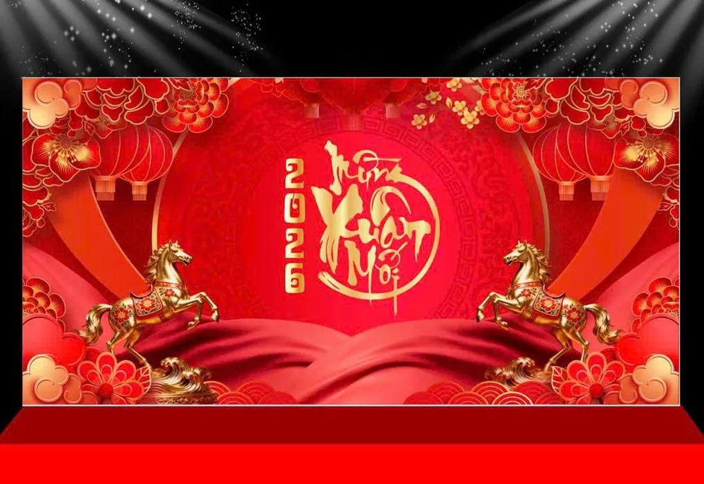 Backdrop Tết 2026 Đỏ Vàng Kim Mã - File CDR Thiết Kế Chuyên Nghiệp