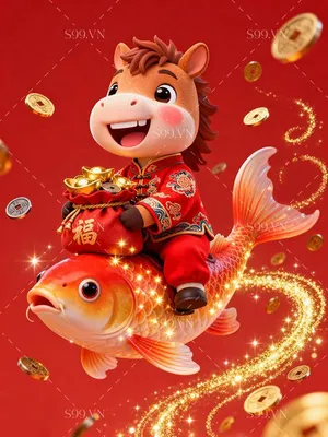 Hình Minh Họa Tết Con Ngựa Cưỡi Cá Chép Vàng May Mắn PNG