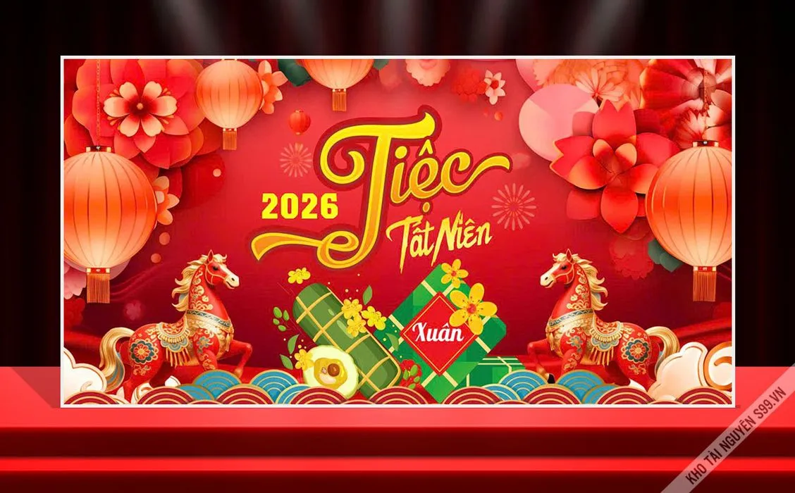 Backdrop Tiệc Tất Niên Tết 2026 Đỏ May Mắn - File Vector CDR