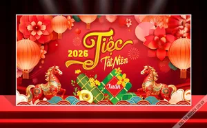 Backdrop Tiệc Tất Niên Tết 2026 Đỏ May Mắn - File Vector CDR