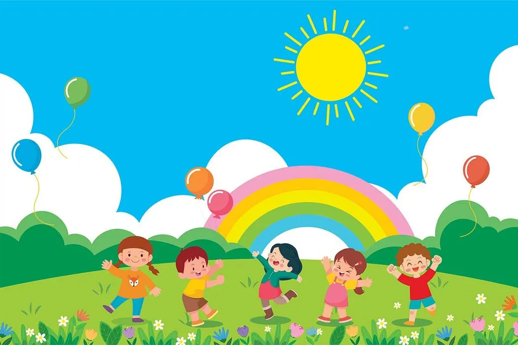 Background bé cùng nhau vui chơi ngoài thiên nhiên file vector mẫu KS181