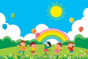 Background bé cùng nhau vui chơi ngoài thiên nhiên file vector mẫu KS181