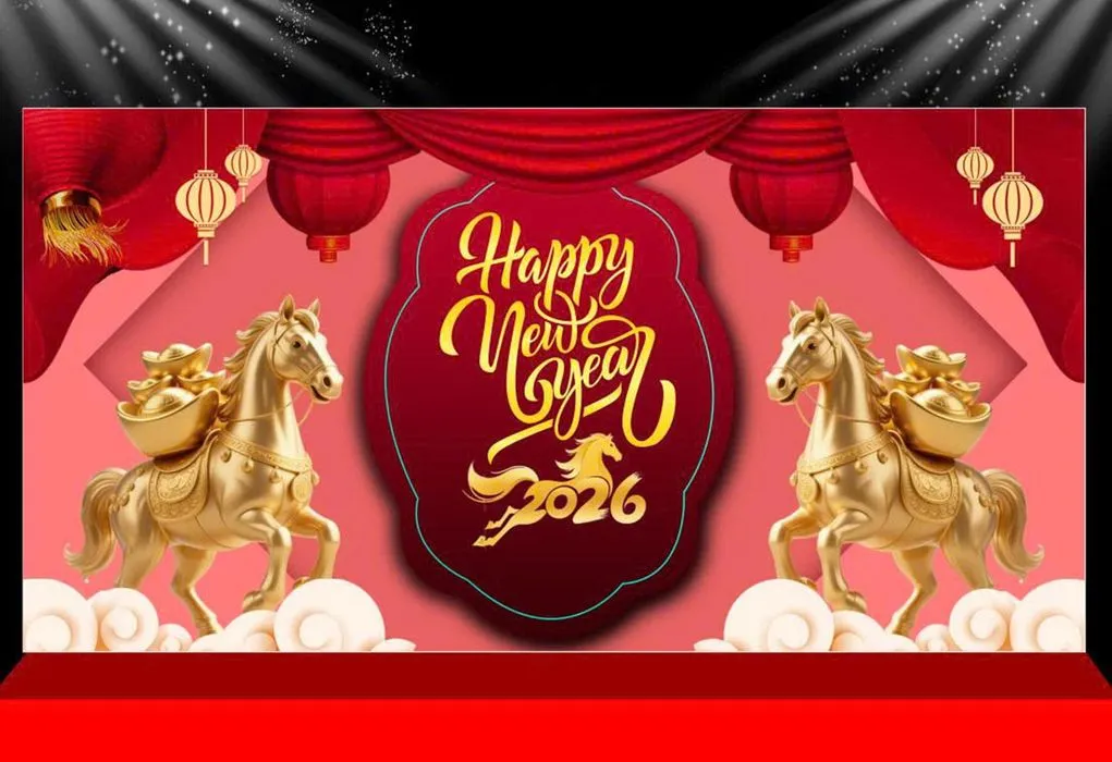 Backdrop Tết 2026 Giáp Ngọ – Thiết Kế Vàng May Mắn Độc Đáo CDR