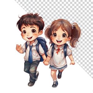 Hình ảnh đôi bạn học sinh cùng nhau đi học 3D file PNG mẫu CR896