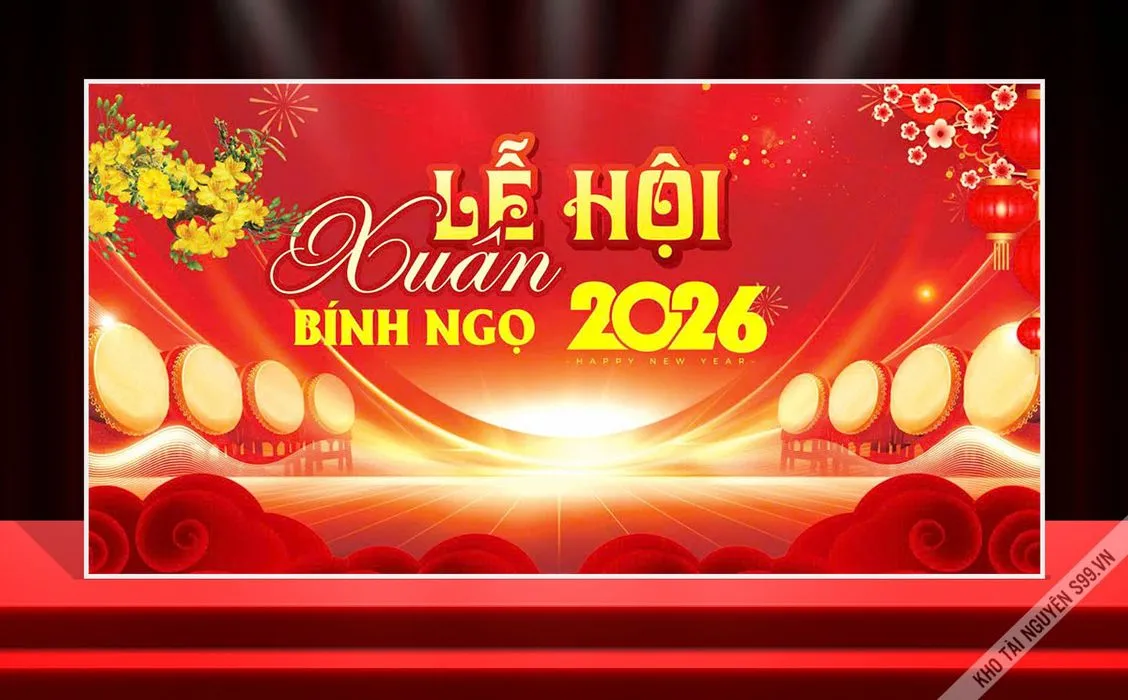 Backdrop Lễ Hội Xuân Bính Ngọ 2026 - Thiết Kế Tết Đỏ Rực Rỡ