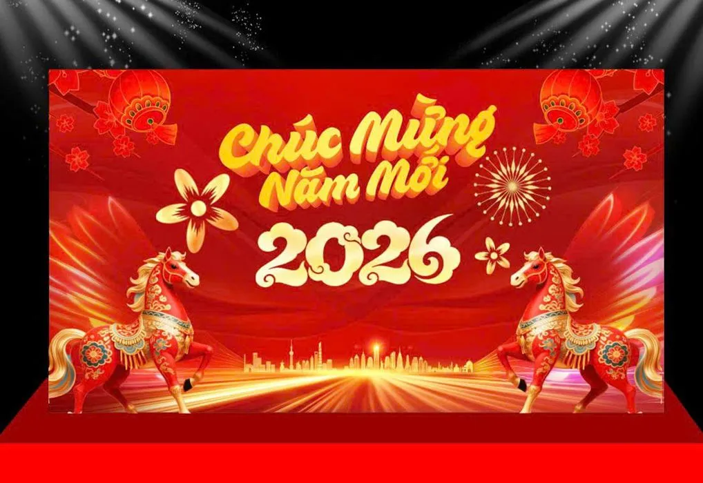 Backdrop Tết 2026 Đỏ Rực Với Ngựa May Mắn - File CDR Có Thể Chỉnh Sửa