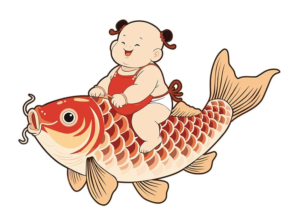 Bé Cưỡi Cá Chép - Minh Họa Tết Vui Nhộn Cho Thiết Kế Đồ Họa