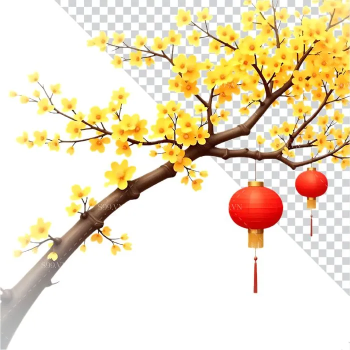 Cành Hoa Mai Tết Đỏ Vàng PNG - Minh Họa Trang Trí Ngày Lễ