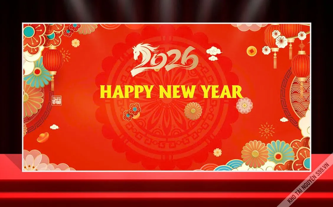 Backdrop Tết 2026 Đinh Tỵ - Thiết Kế Chúc Mừng Năm Mới Đỏ Vàng Ấn Tượng