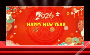 Backdrop Tết 2026 Đinh Tỵ - Thiết Kế Chúc Mừng Năm Mới Đỏ Vàng Ấn Tượng