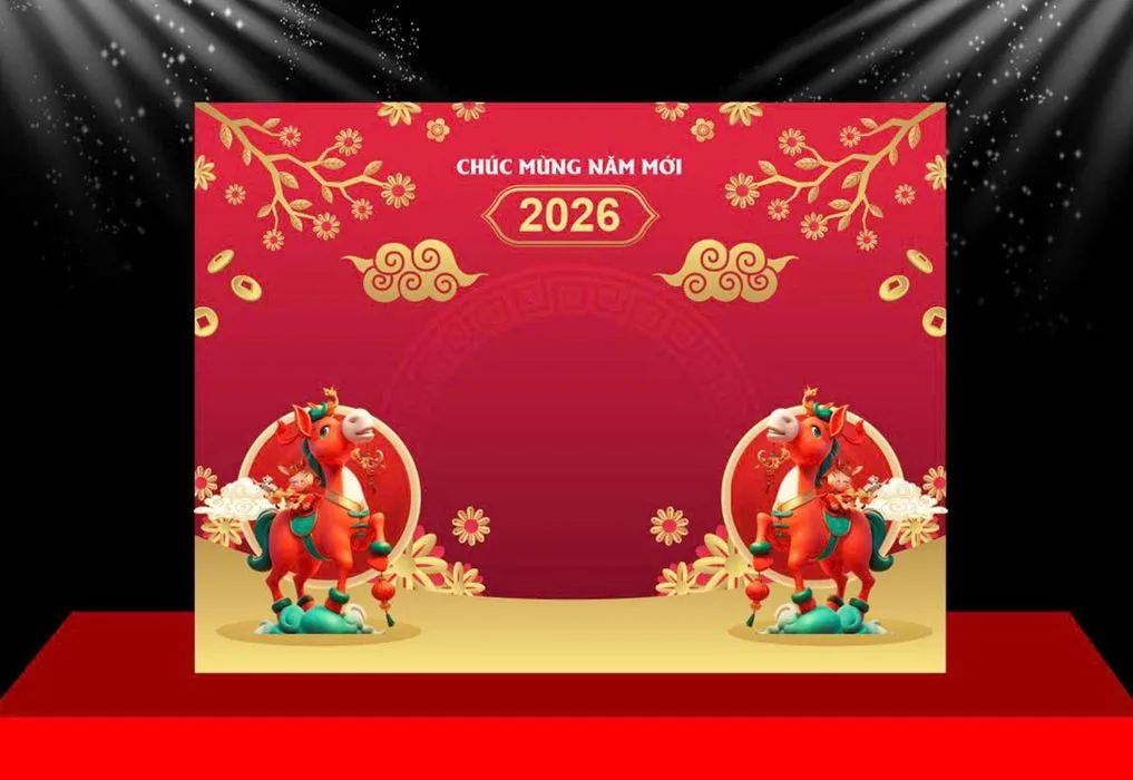 Backdrop Tết 2026 Đỏ May Mắn - Thiết Kế Đồ Họa CDR Độc Đáo