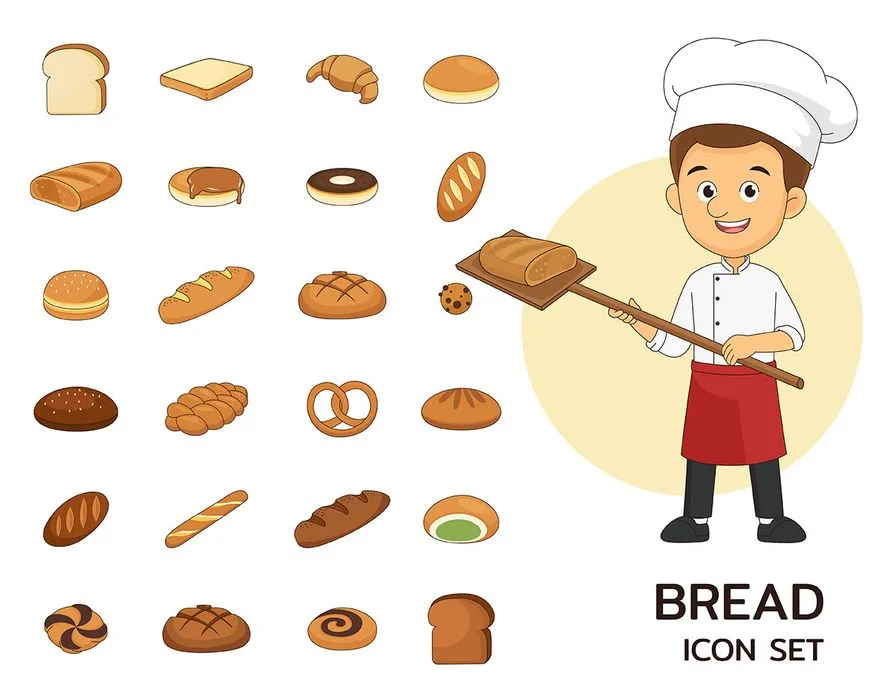 Bộ sưu tập biểu tượng bánh mì và thợ làm bánh đáng yêu - EPS