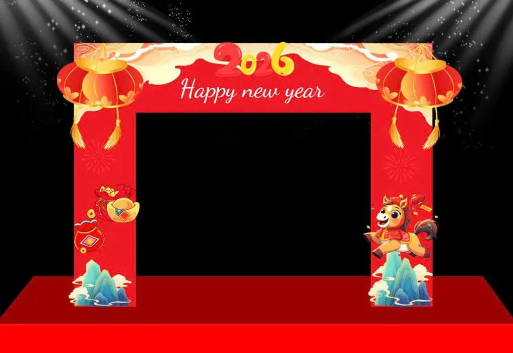 Backdrop Tết 2026 Đỏ May Mắn - Khung Ảnh Sự Kiện Năm Mới