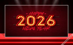 Backdrop Chúc Mừng Năm Mới 2026 Đèn Neon Hiệu Ứng Ánh Sáng