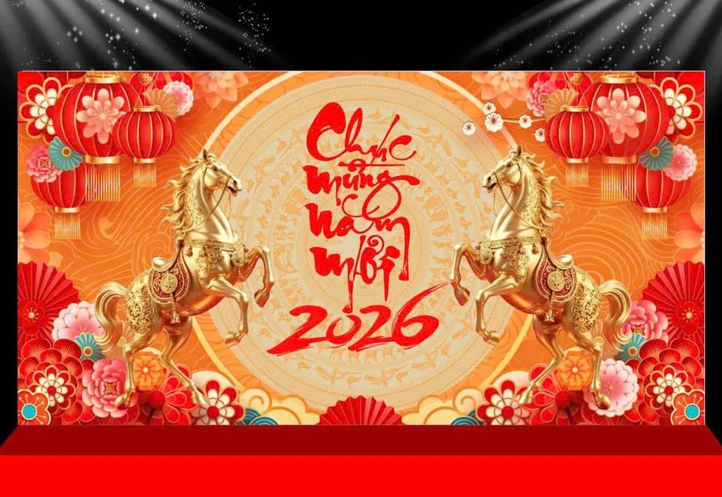 Backdrop Tết 2026 Đôi Ngựa Vàng May Mắn – File Vector CDR Đa Năng