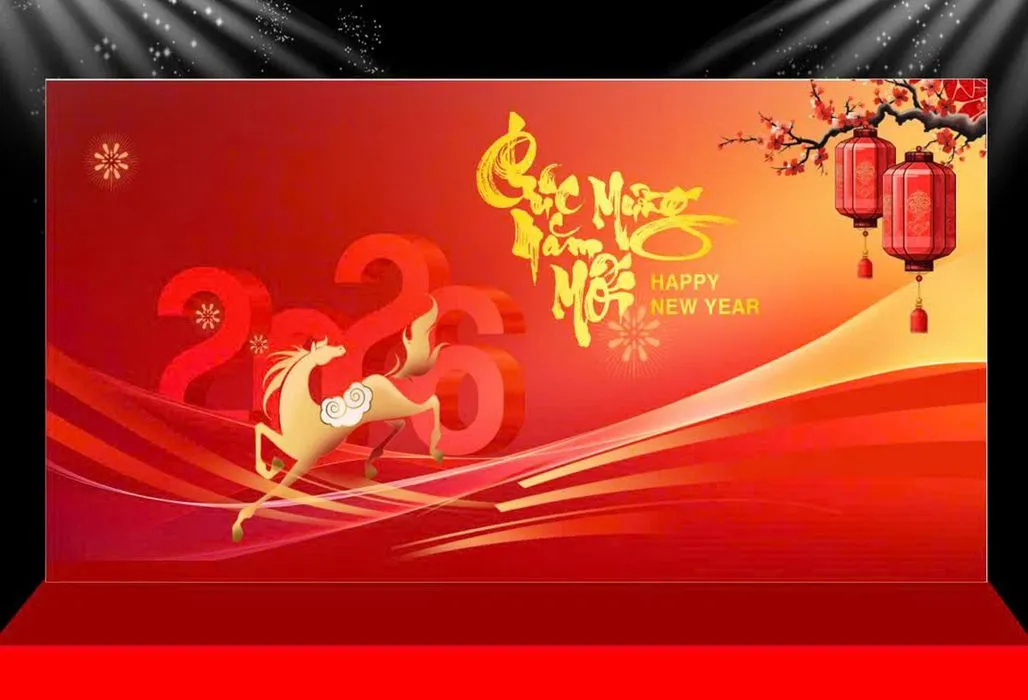 Backdrop Tết 2026 Đỏ Vàng May Mắn – Thiết Kế Chuẩn CDR