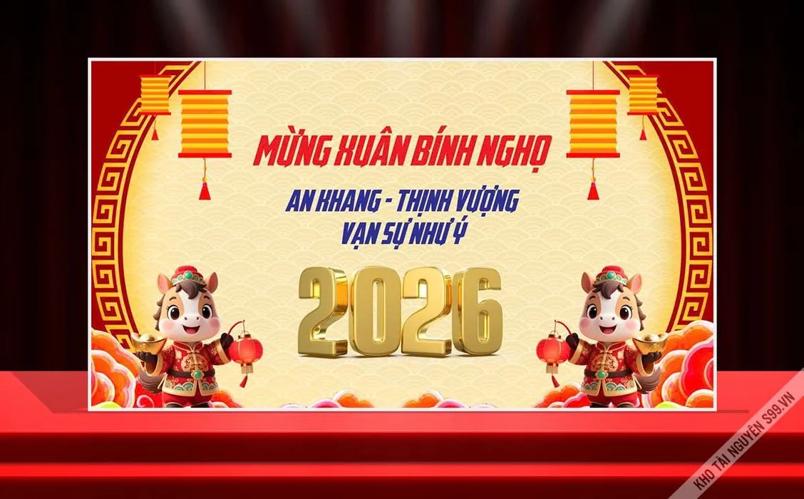 Backdrop Tết Bính Ngọ 2026 May Mắn - File CDR Vector