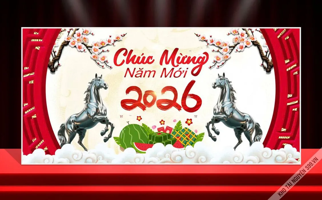 Backdrop Tết 2026 Giáp Ngọ – Phong Cách Hiện Đại, Dễ Dàng Chỉnh Sửa