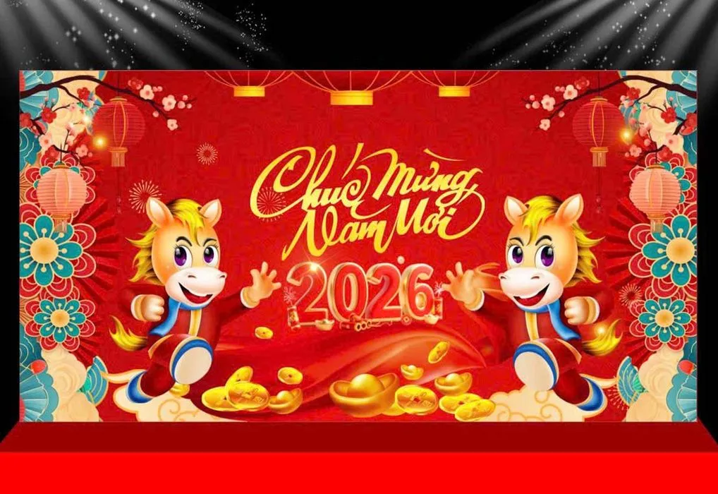 Backdrop Tết 2026 Phong Cách Hoạt Hình Ngộ Nghĩnh Dễ Thương