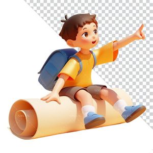 Hình ảnh cậu bé học sinh ngồi trên quốn giấy 3D file PNG mẫu CR806