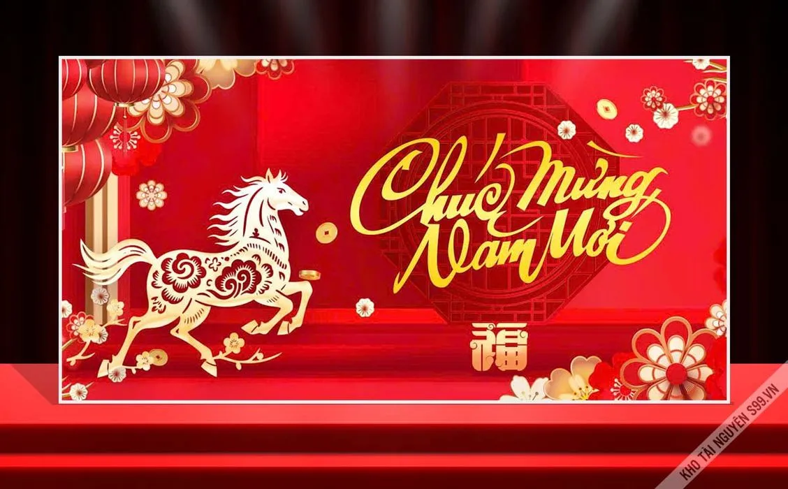 Backdrop Tết 2026 Giáp Ngọ Đỏ Vàng May Mắn – File CDR Vector