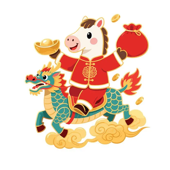 Linh Vật Ngựa Thần Tài Cưỡi Rồng - Minh Họa Vector Tết Nguyên Đán