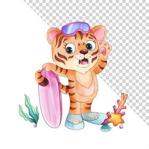 Hình ảnh chú hổ đi biển file PNG mẫu CR1076