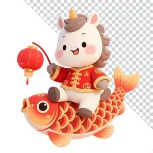 Hình Minh Họa Ngựa Tết Cưỡi Cá Chép Phong Cách Hoạt Hình PNG