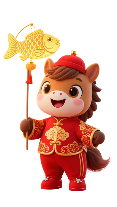 Hình Minh Họa Tết Con Ngựa Dễ Thương Cầm Đèn Cá Vàng (PNG)