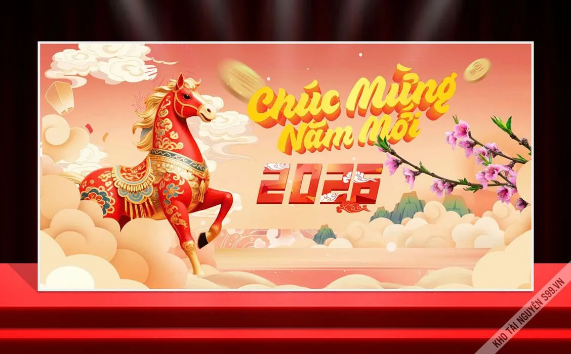 Backdrop Tết 2026 Đinh Mão Rực Rỡ - File CDR Cao Cấp