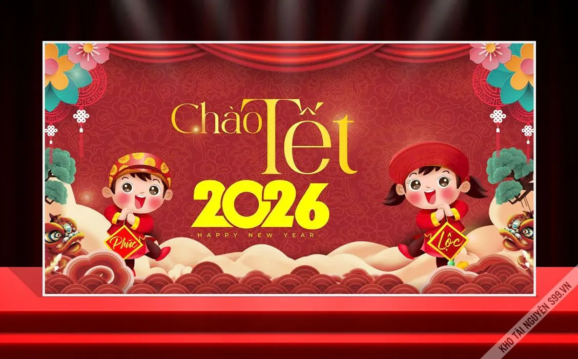 Backdrop Chào Tết 2026 – Thiết kế độc đáo mừng Xuân Di Lặc