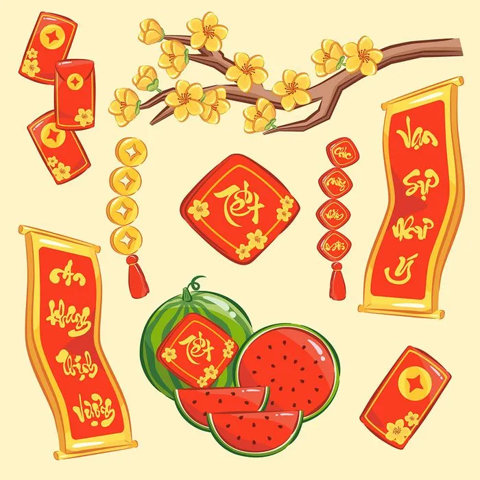 Bộ Sưu Tập Đồ Vật Trang Trí Tết Nguyên Đán Dạng Vector