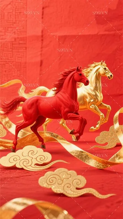 Hình Ảnh Minh Họa Tết Con Ngựa Đỏ Vàng Cao Cấp - Tải Xuống JPG